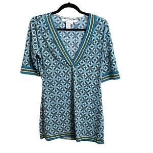 MAX STUDIO Women's Blue Tile Tunic Top Size S Deep V-neck Short Sleeve Pullover